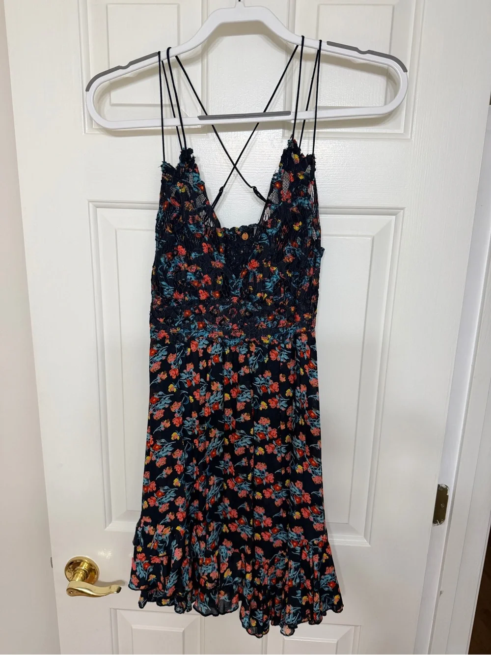 Free People Black Floral Mini Dress with Coral & Teal Flowers